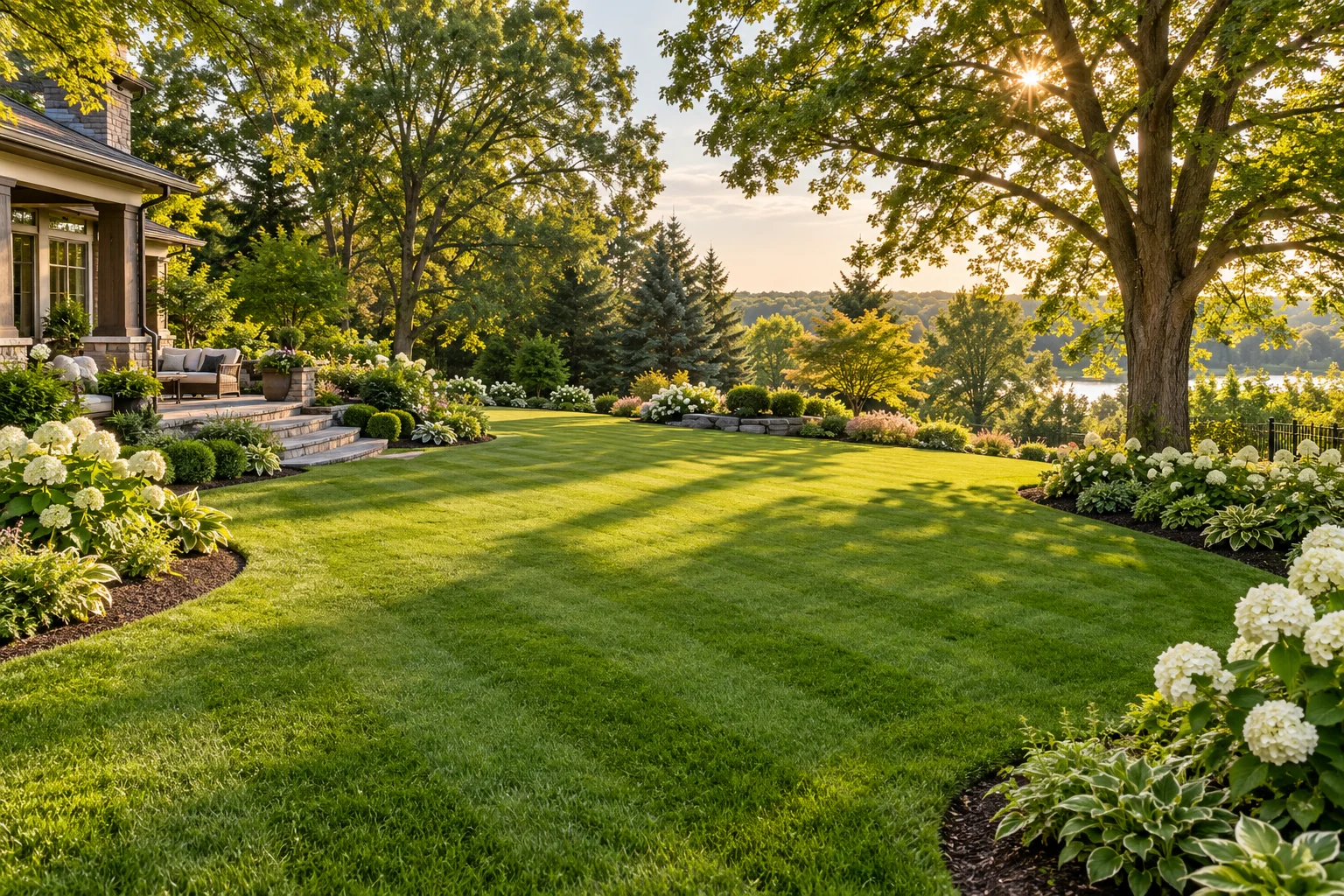 An immaculately striped lawn surrounded by leafy trees and garden beds