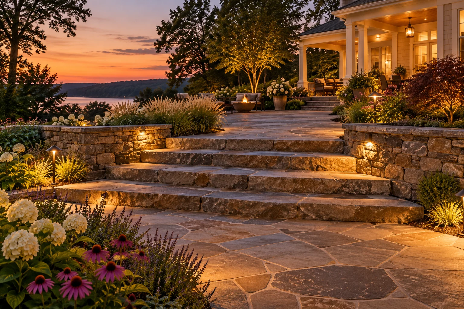 A natural stone patio and garden steps illuminated by warm path lighting