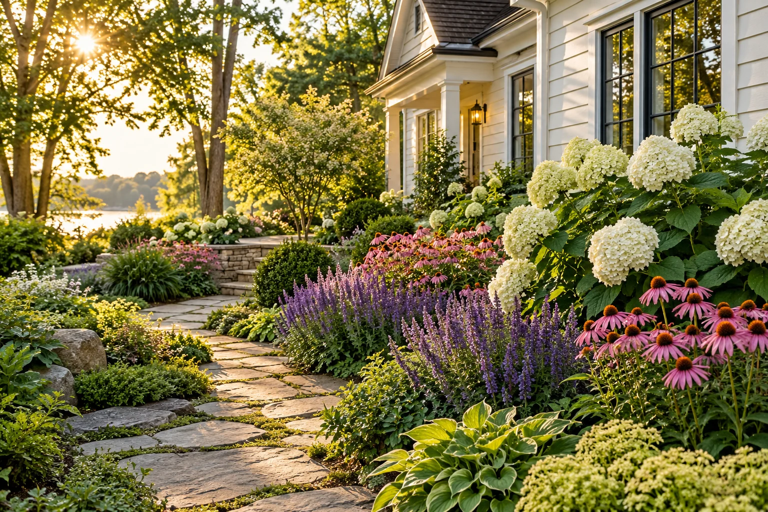 White hydrangeas, purple salvia and pink flowers in a lush garden border